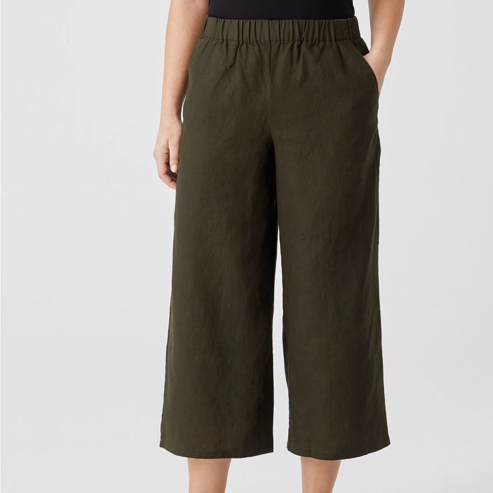 EILEEN FISHER Forest Green Organic Linen cropped pants w/elastic waist
